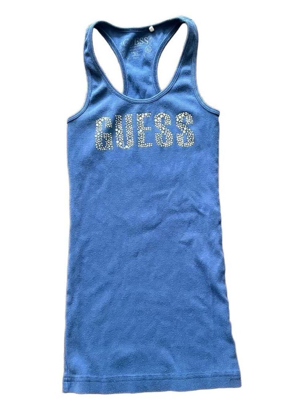 Guess Rhinestone Logo Tank Top Size XS Blue Ribbed Y2K